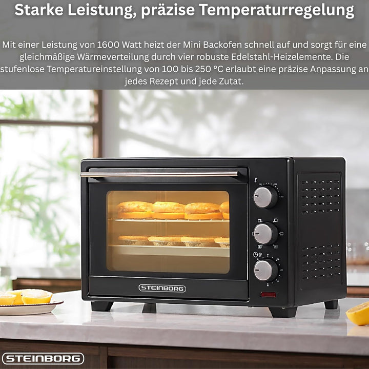 Steinborg® 25 Liter Mini Backofen mit Umluft Pizza Ofen inkl. Backblech und Grillrost Miniofen 60 Mi