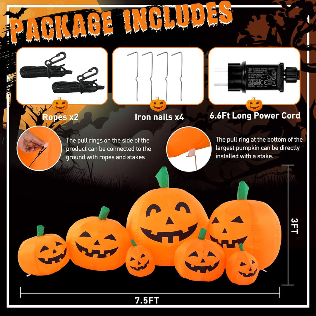 Solpex Halloween Deko, aufblasbar Kürbis Dekoration, 240 cm, 7 Kürbis-Set mit 21 LED Beleuchtung für
