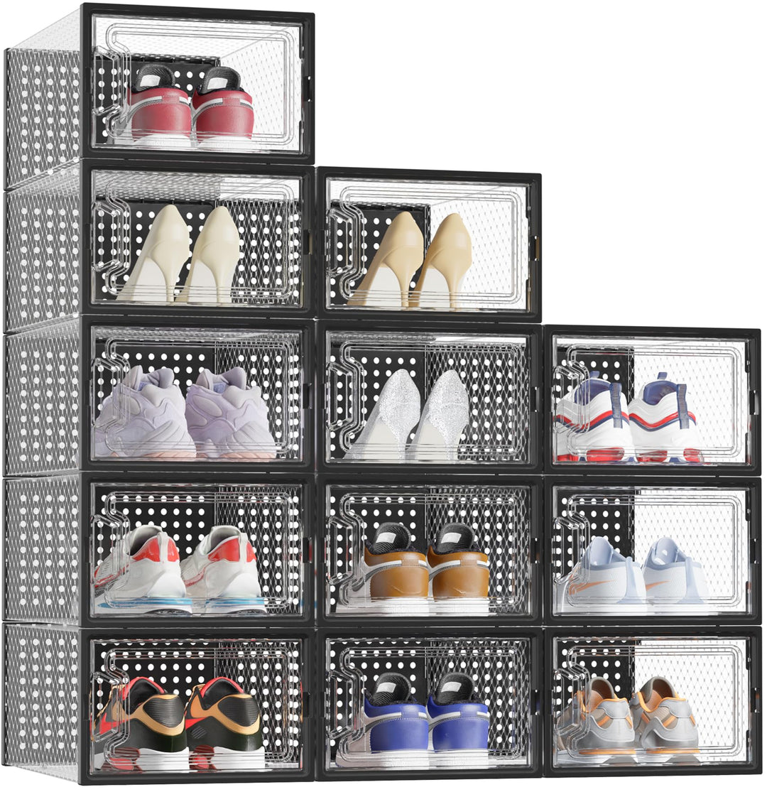 HOMIDEC Schuhboxen, 12er Set Schuhboxen Stapelbar Transparent, Faltbar Schuhorganizer Schuhaufbewahr