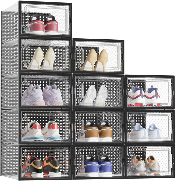 HOMIDEC Schuhboxen, 12er Set Schuhboxen Stapelbar Transparent, Faltbar Schuhorganizer Schuhaufbewahr