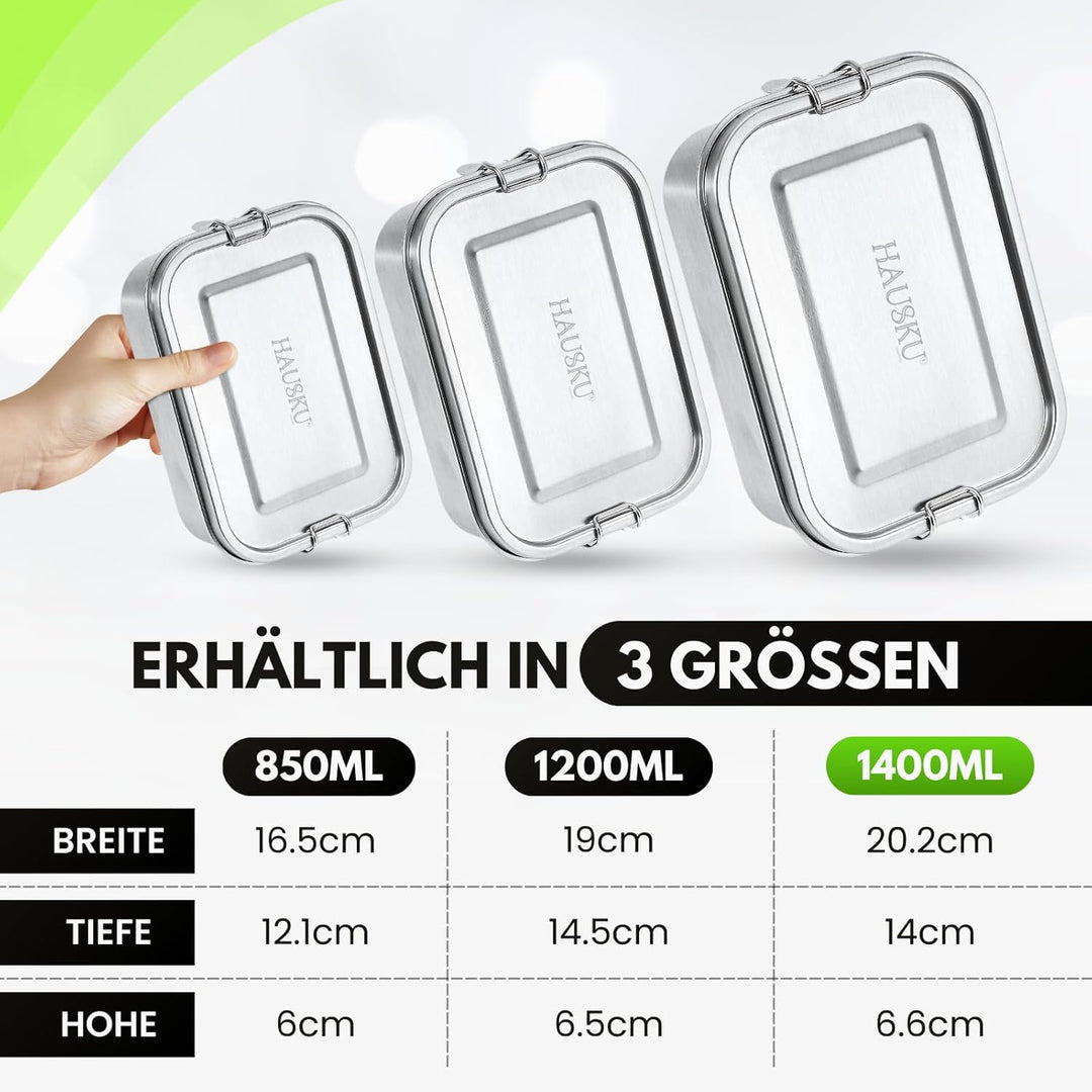 Brotdose Edelstahl mit Fächern 1400 ml - Lunchbox mit Bewegliche Trennwand und Besteck, Auslaufsiche