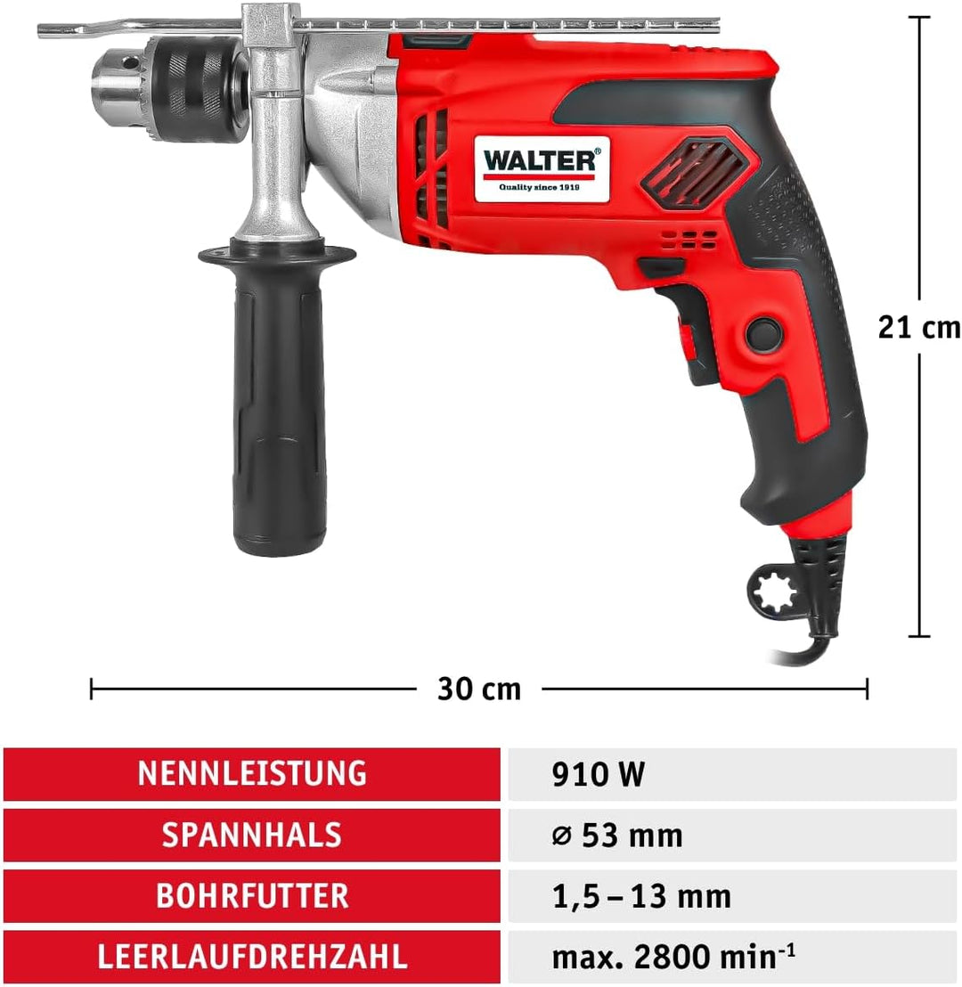 WALTER Schlagbohrmaschine (910 Watt, elektr. Drehzahlregelung, mit zweiten Handgriff, Tiefenanschlag