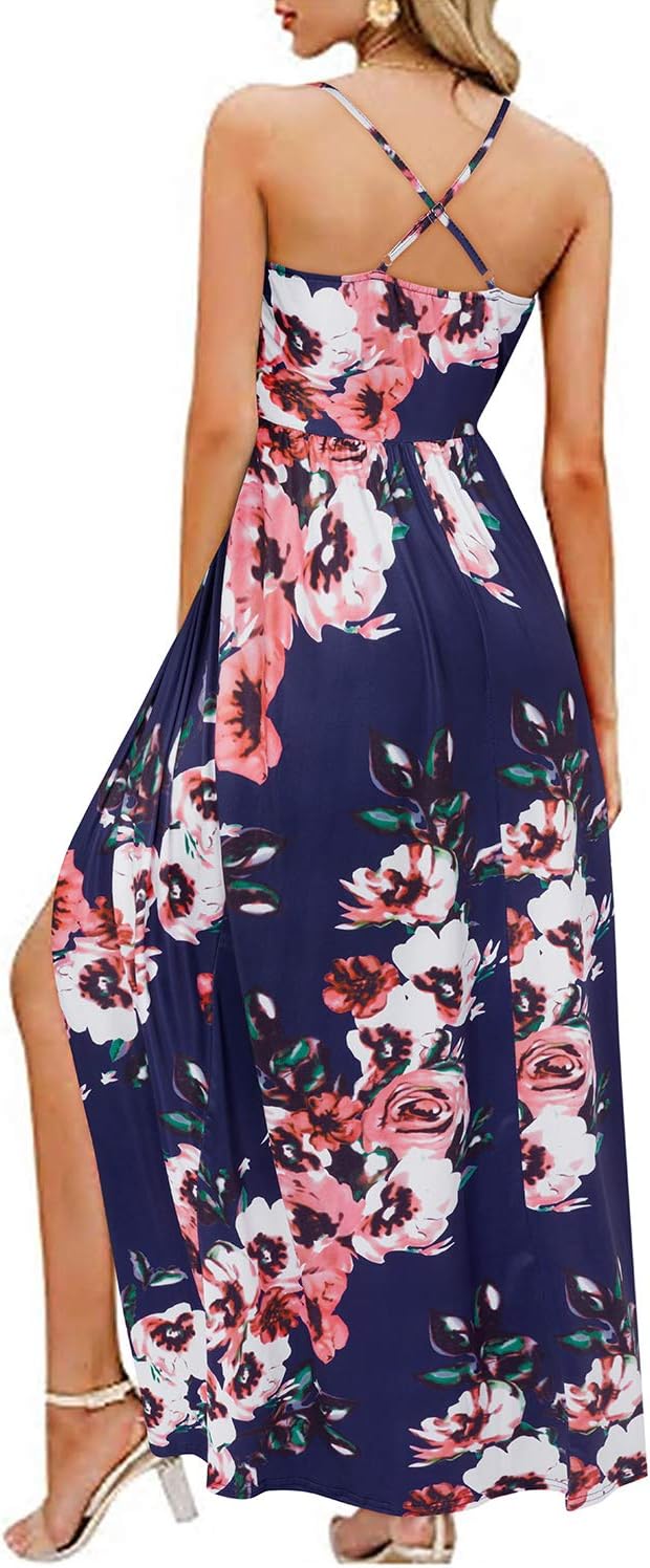 OUGES Damen Sommerkleid V-Ausschnitt Maxikleid Rückenfreies High Waist Spaghetti Strap Freizeitkleid