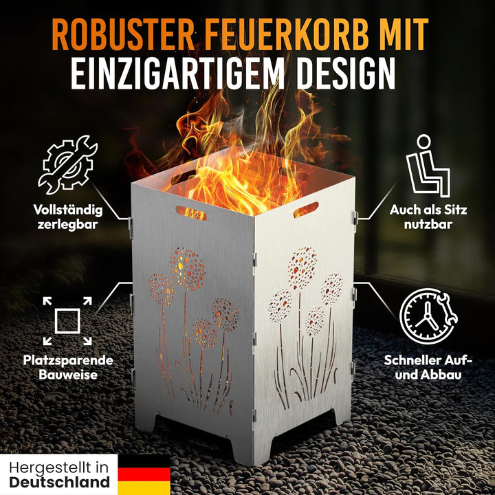 TiKo-Design® Feuerkorb/Feuertonne aus 3 mm Stahl mit Pusteblumen‑Laserung – 4‑Fach, stabil & mobil,