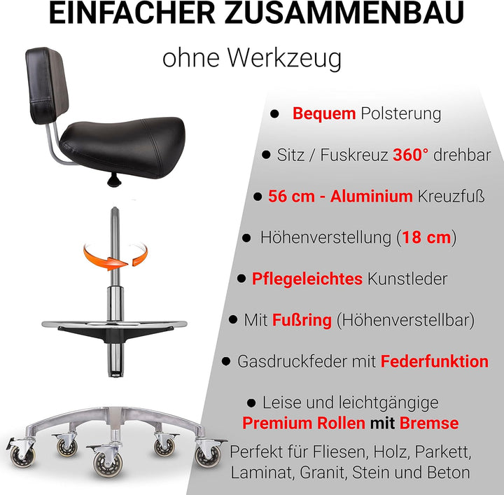 Staboos Rollhocker bis 160 kg - Premium Sattel Sitz mit Lehne und Bremse - Praxishocker (Premium Rol