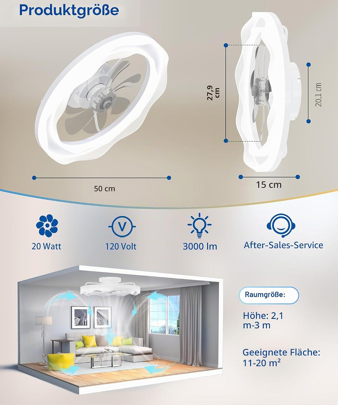 JAYNLT Deckenventilator mit Beleuchtung, Ø50CM Weiss Dimmbarer LED Deckenleuchte mit Ventilator 3000