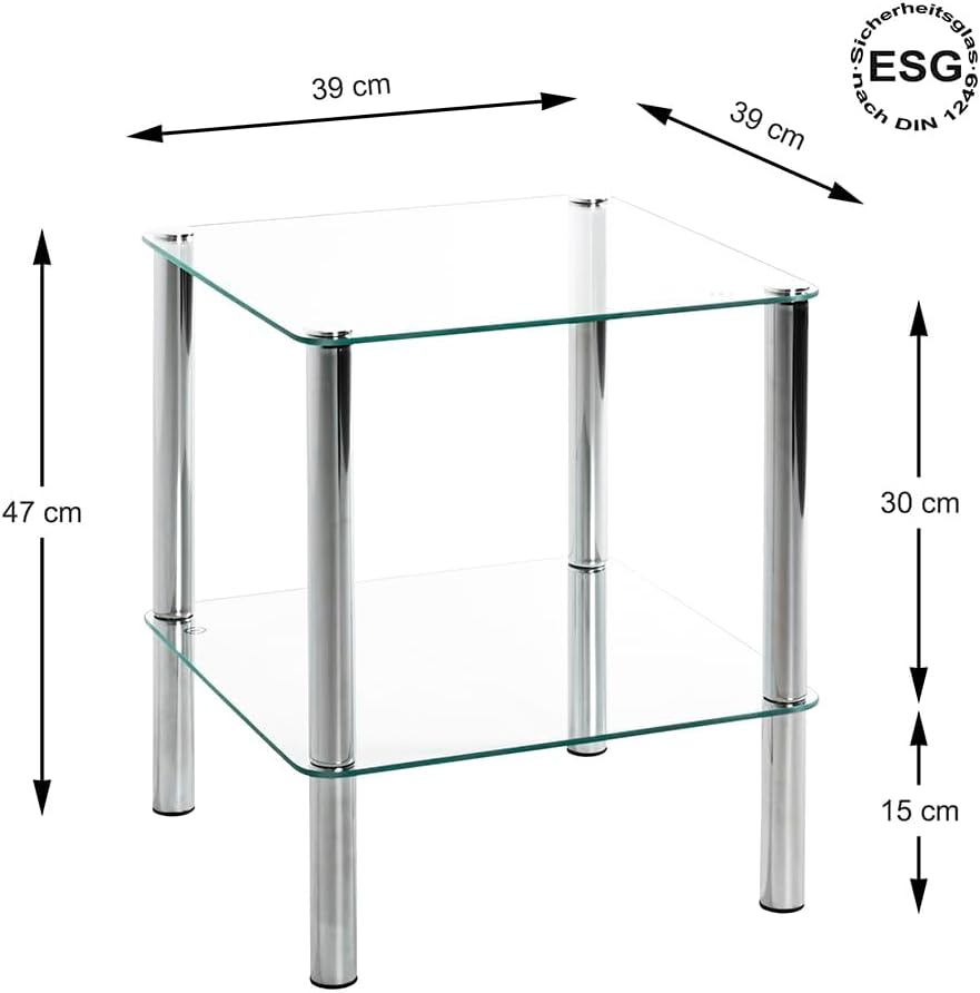 Haku-Möbel Beistelltisch eckig - verchromtes Stahlrohr 2 Ablagen Sichterheitsglas H 47 cm,