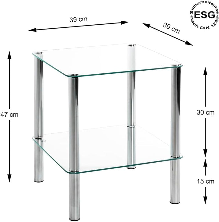 Haku-Möbel Beistelltisch eckig - verchromtes Stahlrohr 2 Ablagen Sichterheitsglas H 47 cm,