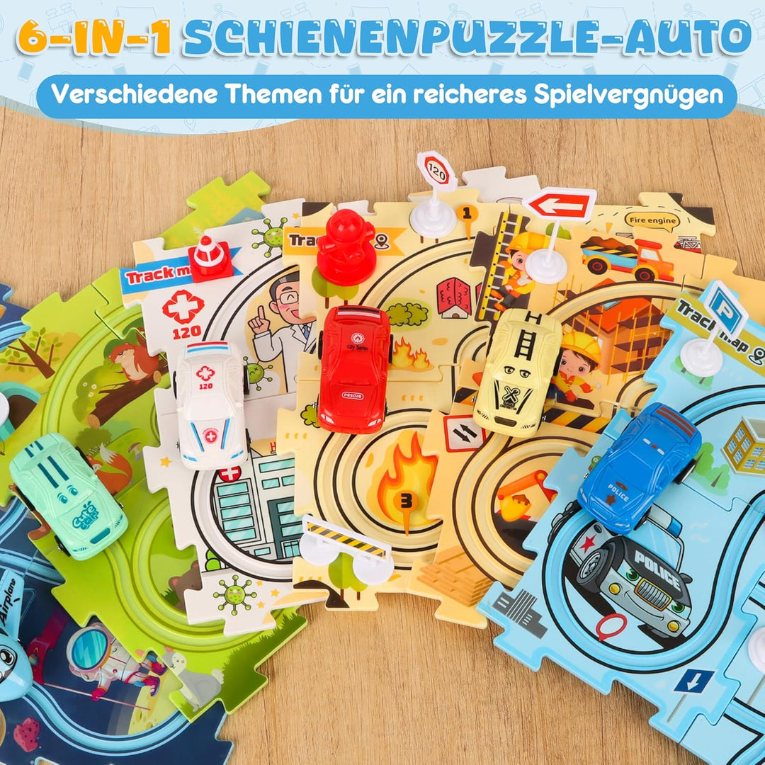 6 Autorennbahn-Sets für Kinder, DIY Rennbahn Puzzle mit 6 Rennauto, Flexible Car Track Spielzeugauto