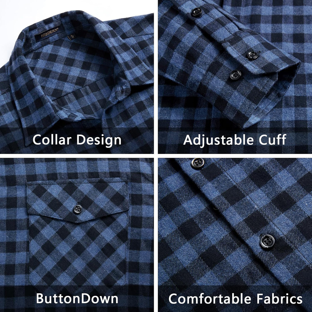 HISDERN Flanellhemd Herren Karierte Hemden Herren Langarm Button Down Baumwolle Holzfällerhemd Regul