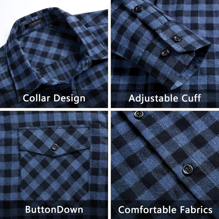 HISDERN Flanellhemd Herren Karierte Hemden Herren Langarm Button Down Baumwolle Holzfällerhemd Regul
