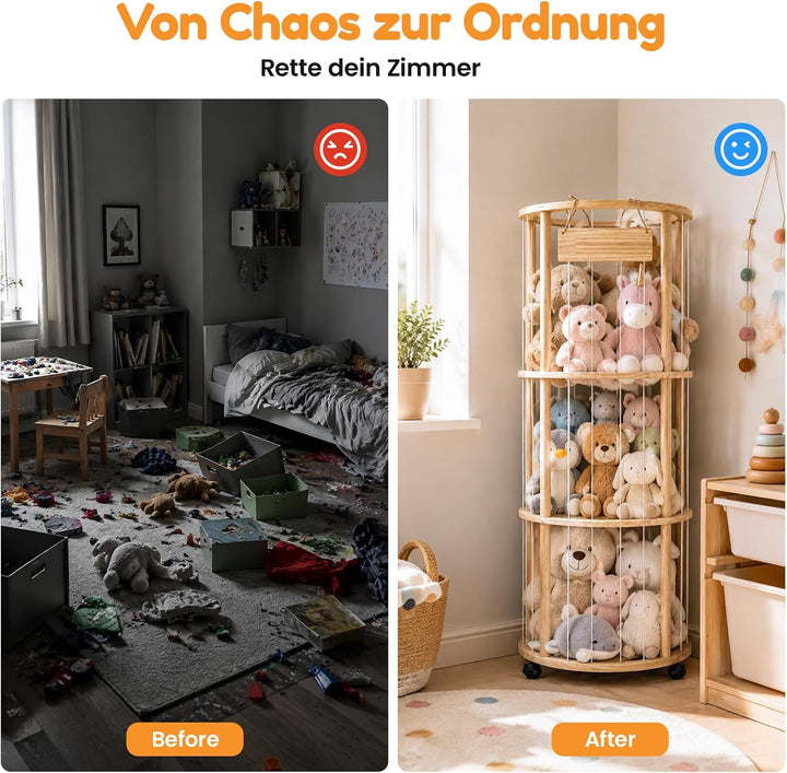 Runde Kuscheltier Aufbewahrung mit Rollen &amp; Bremse – Holz Stofftier Regal mit Zoo Design, 135×45×45