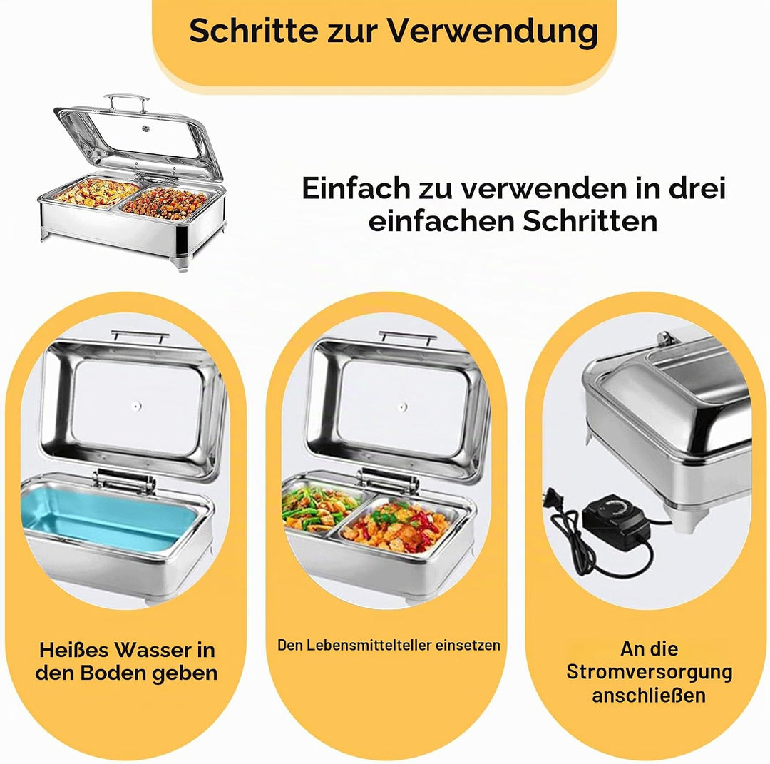 Chafing Dish Elektrisch, 9L Edelstahl Speisewärmer Buffetwärmer mit Sichtbarem Glasdeckel, Kommerzie