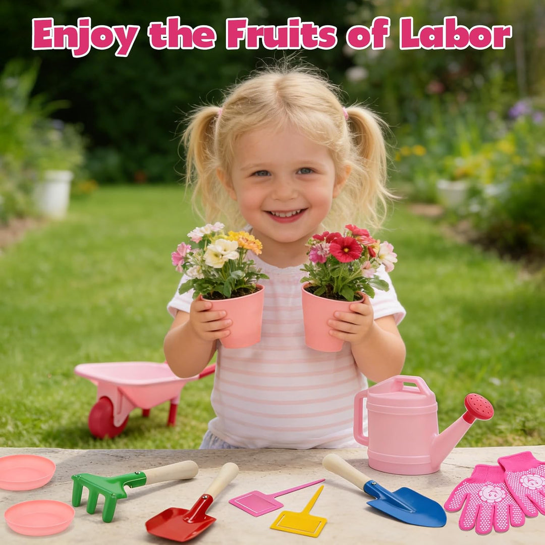 CUTE STONE Kinder-Gartenwerkzeugset, rosa Schubkarre, Gartenspielzeug | mit Giesskanne, Handschuhen,