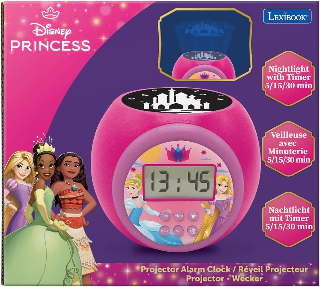 Lexibook RL977DP Projector-Wecker Disney Princess mit Schlumbmerfunktion und Weckfunktion, Nachtlich