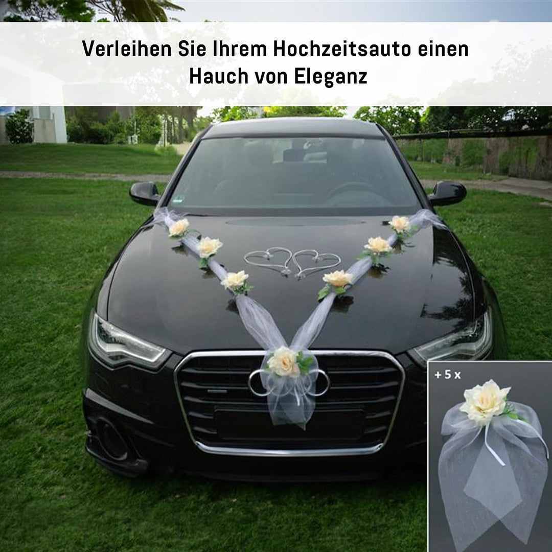 Organza M + Schleife Auto Schmuck Braut Paar Rose Deko Dekoration Autoschmuck Hochzeit Car Auto Wedd