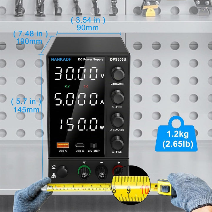Labornetzgerät einstellbar 30V 5A, Variables DC-Netzteil mit USB-A/Typ-c-Schnellladeanschluss, hochp