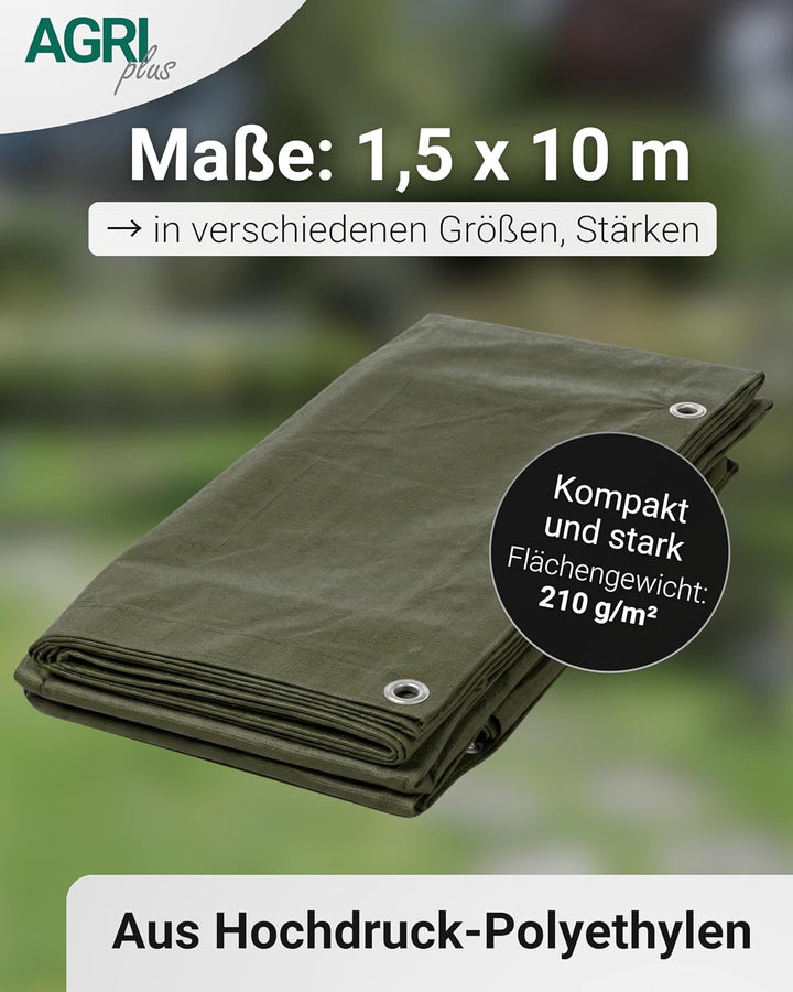 AGRI plus Holzabdeckplane 1,5 x 10 m - mit Ösen I Stabile 210 g/m² PE-Gewebeplane mit ringsum Randve