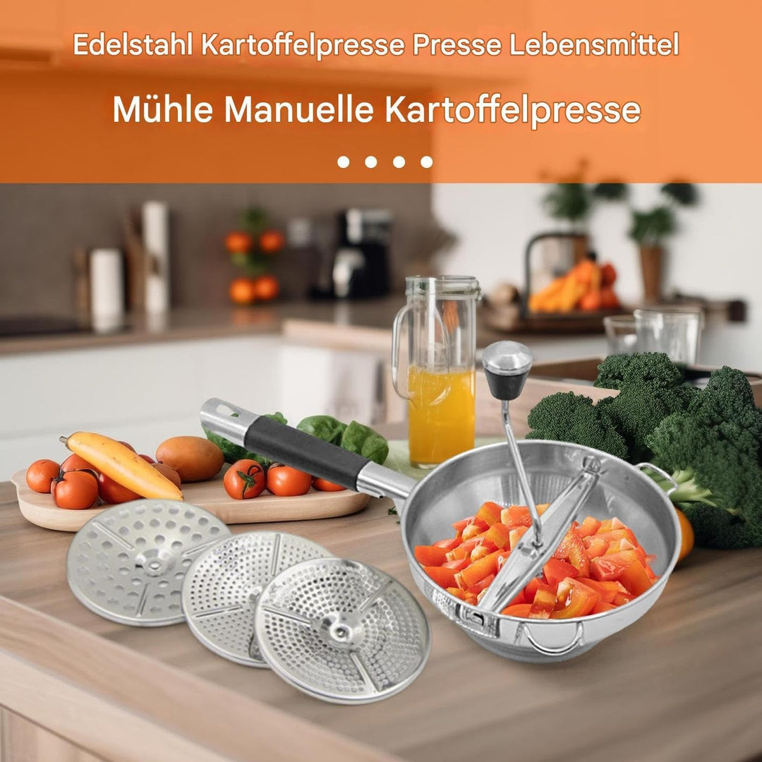 Kartoffelstampfer, Edelstahl Passiermühle mit 3 Frässcheiben, Reibequetsche Küchenwerkzeug, Passierm