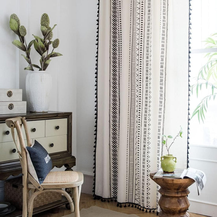 Xlabor Boho Vintage Gardinen mit Quaste Halbverdunkelungsvorhänge mit Ösen Baumwolle Leinen Dekoscha
