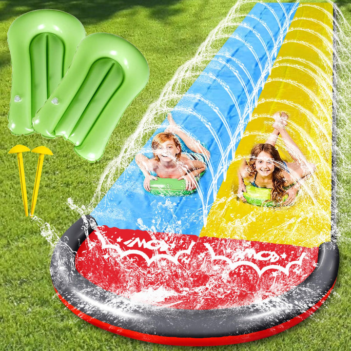 Wasserrutsche Garten 15.8ft/480cm,Doppelrutsche mit Eingebautem Sprinkler,Aufblasbare Wasserrutsche