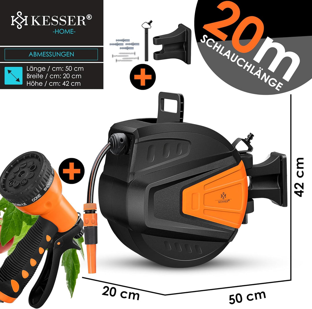 KESSER® Schlauchtrommel Wasser 20+2m Schlauchaufroller Inkl. 2-Wege-Verteiler + Multi-Handbrause Was