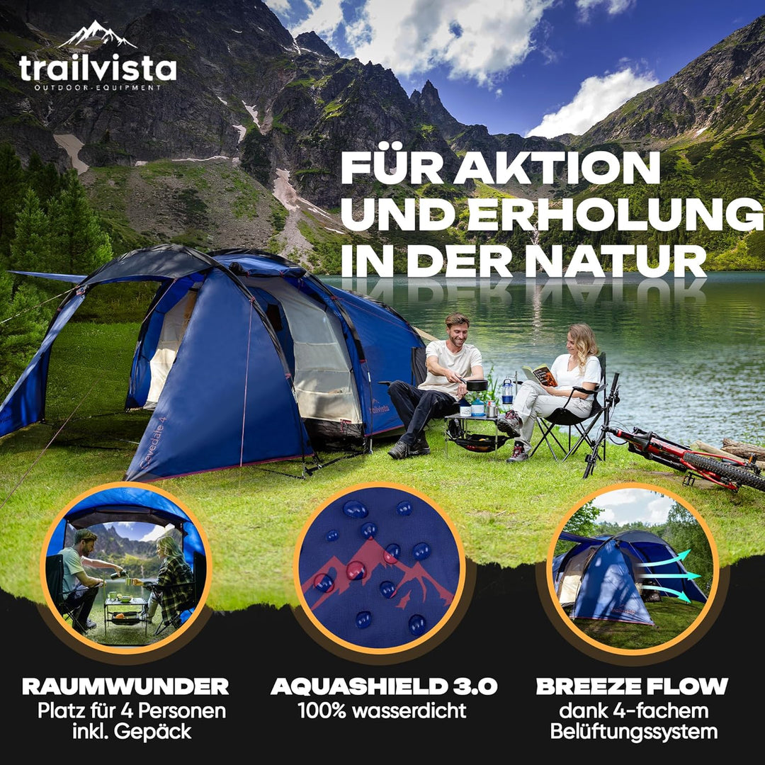 Cevedale Zelt 4 Personen Wasserdicht, leicht, kompakt & schnell aufbaubare Zelte, Camping Zelt mit V