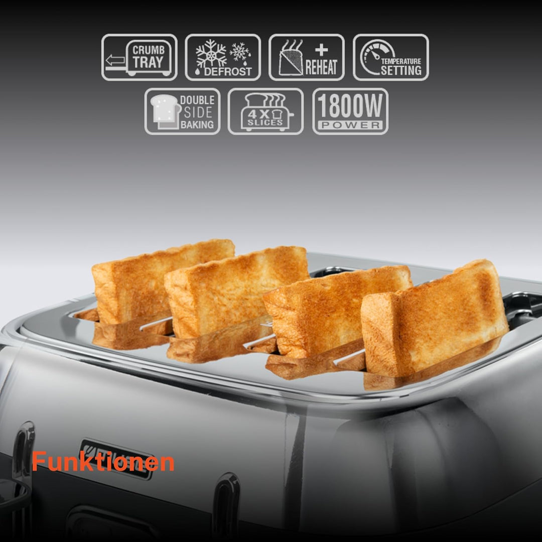 Muse Edelstahl-Toaster im grauen Retro Design, analoge Anzeige, beleuchtete Tasten, 6 Bräunungsstufe