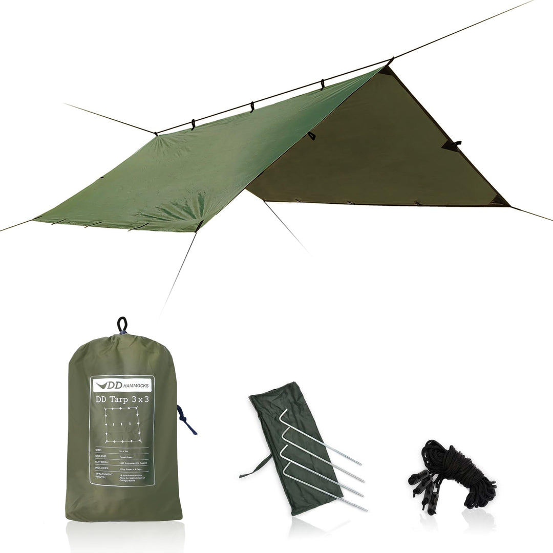 DD Hammocks DD 3x3 Abdeckplane mit 4 Heringen und Abspannleinen für Camping, Wald und Pfadfinder, Wa