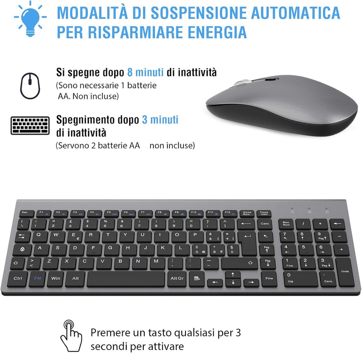 cimetech Kabellose Tastatur und Maus, italienisches QWERTY-Layout, Full-Size 2,4 GHz kabellose Maus