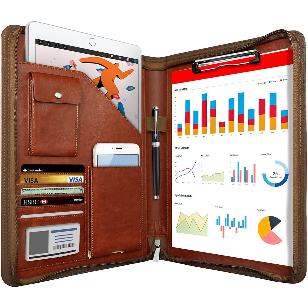 NEWYES Konferenzmappe, mit Reissverschluss, Leder, A4, für Reise, Personal-Organizer, Braun, Braun