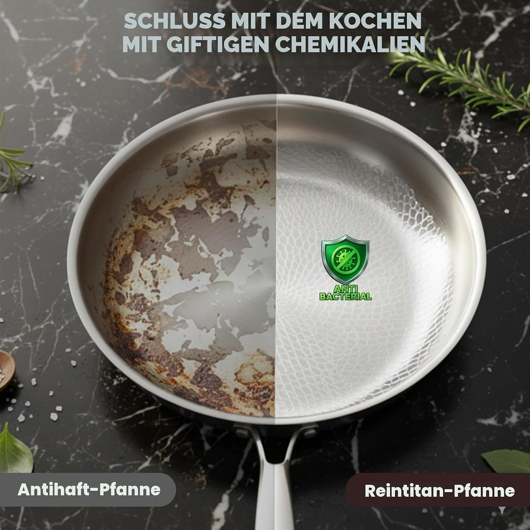 Titan Bratpfanne mit Deckel,Pfannen aus Titan mit gehämmertem Muster zum Kochen, kratzfeste, antihaf