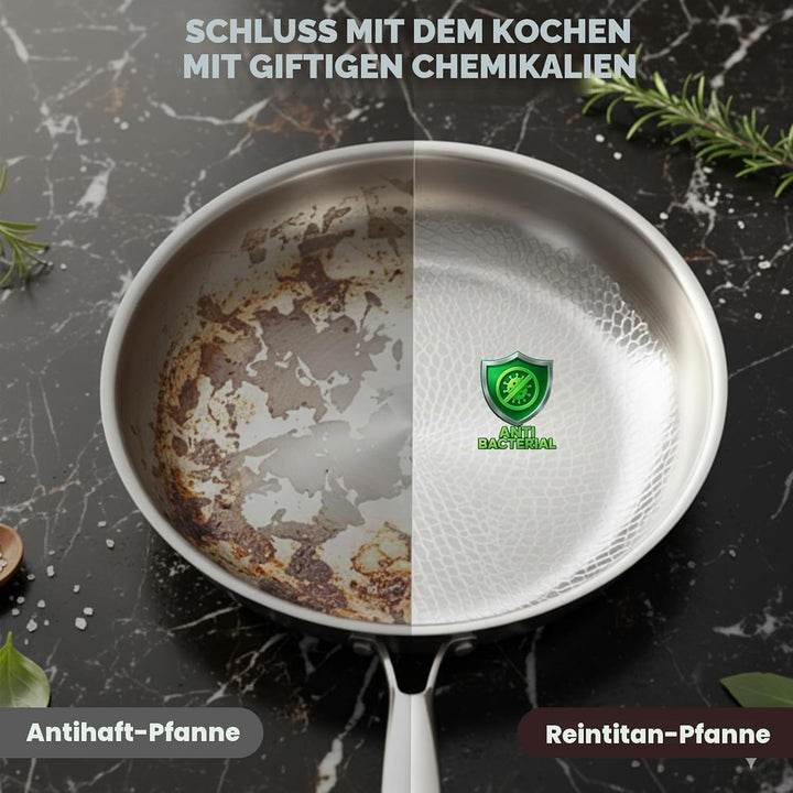 Titan Bratpfanne mit Deckel,Pfannen aus Titan mit gehämmertem Muster zum Kochen, kratzfeste, antihaf