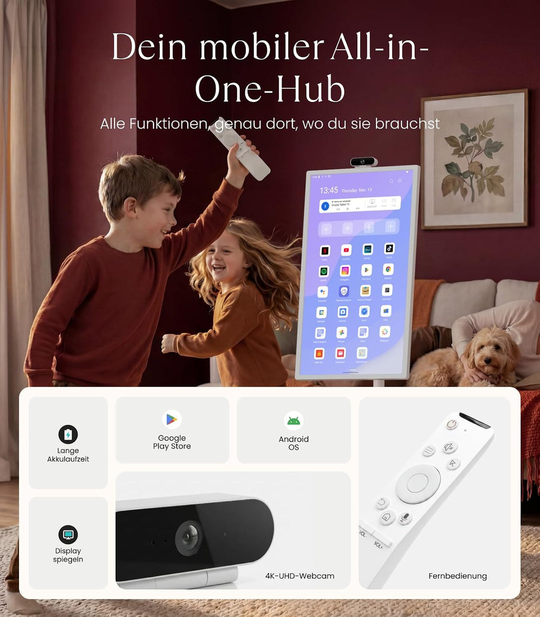 cozyla 32 Zoll Smart Portable TV mit integriertem Akku und Rollen | Google Play Store, 8 + 128 GB, E