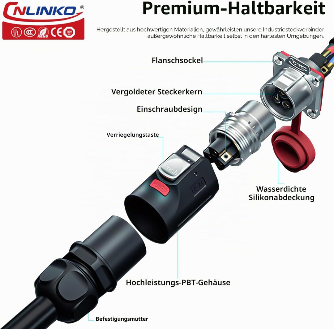 CNLINKO LP-24 3-Pin Industrieller Wasserdichter Steckverbinder - Sichere Schraubdesign Rundsteckverb
