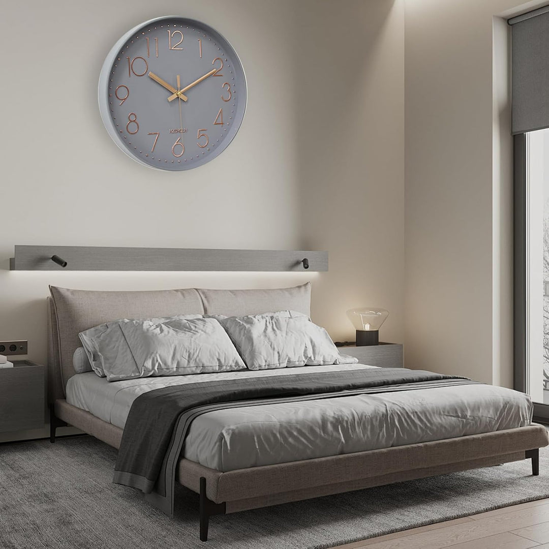 HZDHCLH 30cm geräuschlosem funkuhr wanduhr, digital Gross, für Wohnzimmer, Küche (graues Gold), Grau