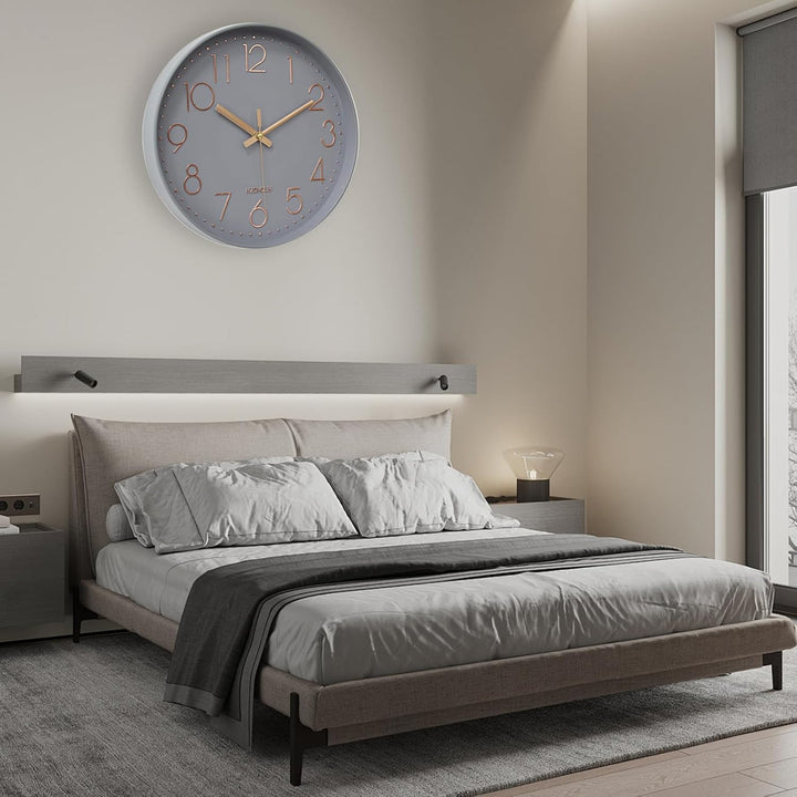 HZDHCLH 30cm geräuschlosem funkuhr wanduhr, digital Gross, für Wohnzimmer, Küche (graues Gold), Grau