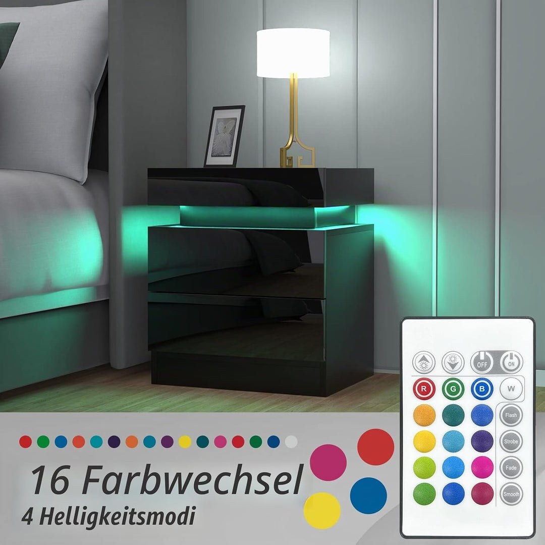 PIPIPOXER Nachttisch Schwarz mit LED Licht, 16 Farben 2 Schubladen und Hochglanz Kommode Nachttisch
