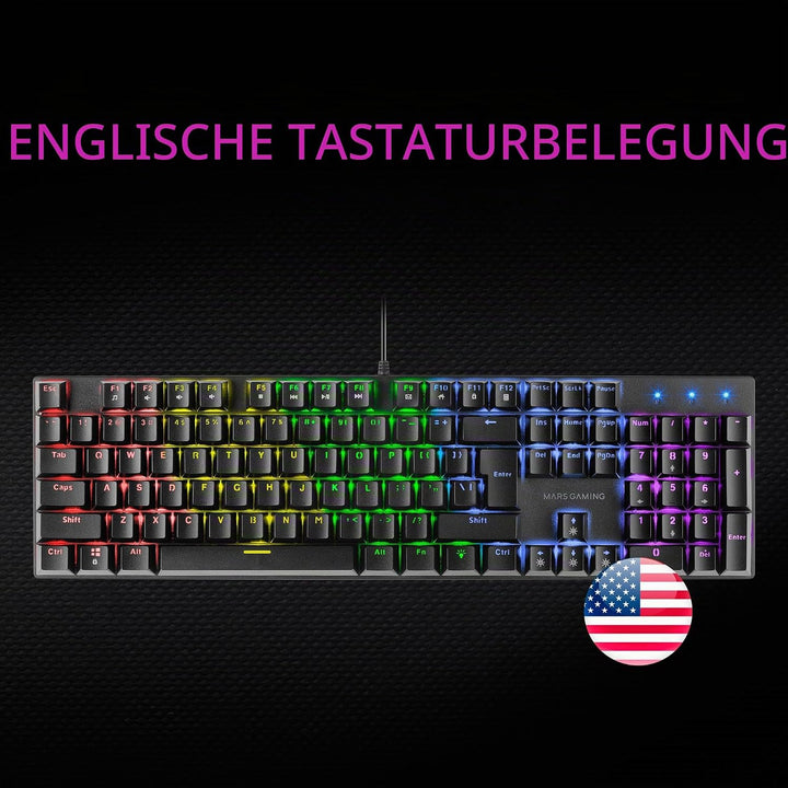 MARSGAMING Gaming MK422 Schwarz, Mechanische Tastatur RGB, Antighosting, Mechanischer Switch Rot, US