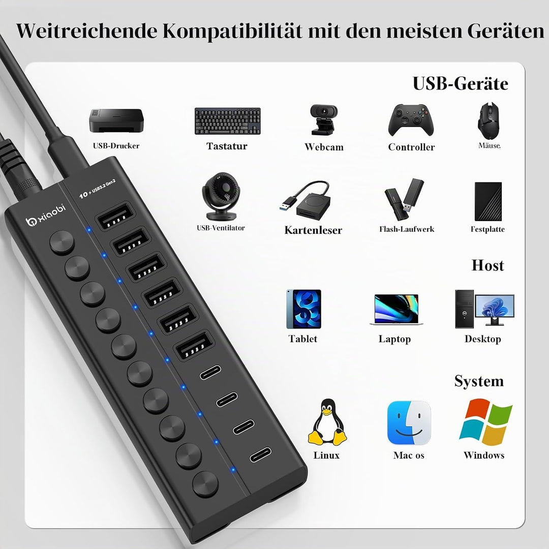10 Port USB Hub mit Netzteil 60W - 10Gbps USB 3.2 Gen 2 Hub Aktiv aus Aluminium mit 6 USB-A & 4 USB-
