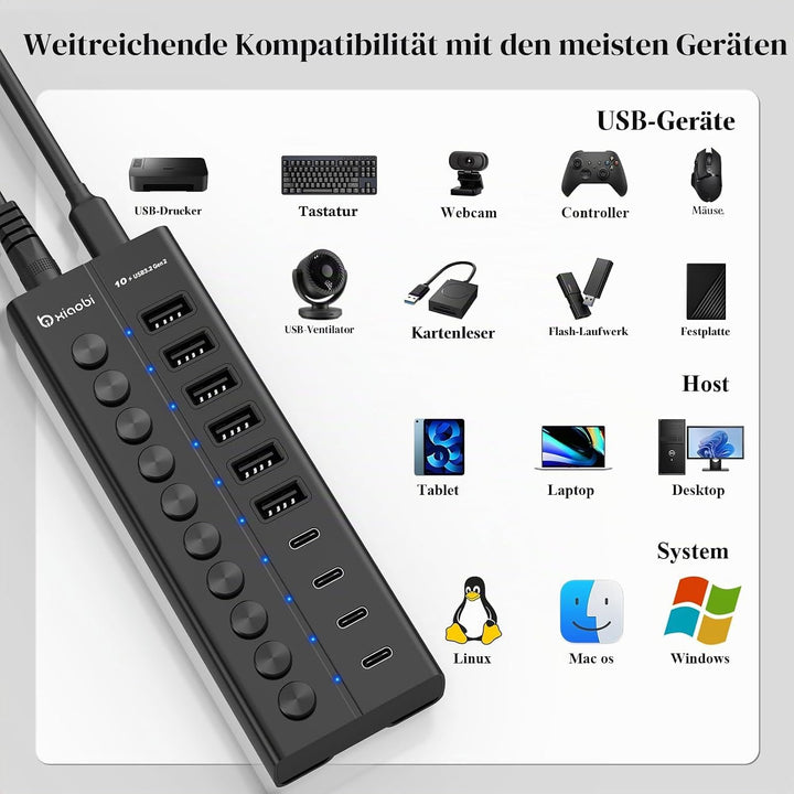 10 Port USB Hub mit Netzteil 60W - 10Gbps USB 3.2 Gen 2 Hub Aktiv aus Aluminium mit 6 USB-A & 4 USB-
