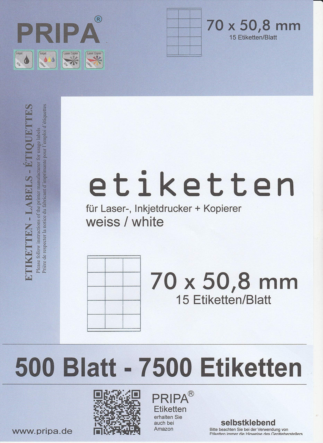 pripa Etikettenformat 70 x 50,8 mm, 500 Blatt DIN A4 Selbstklebende Etiketten (500), 500
