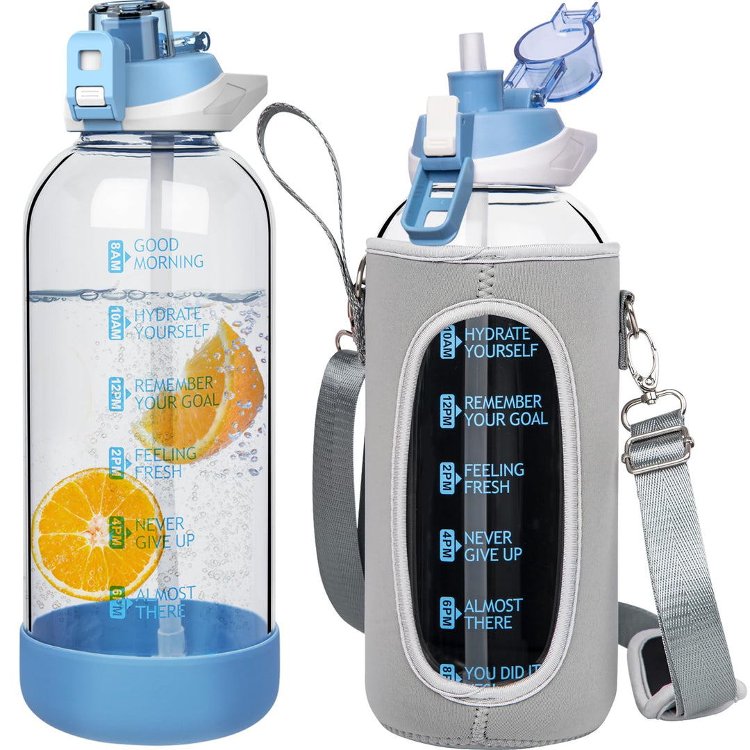 Seekua 2l Sport Trinkflasche Glas Flasche mit Strohhalm &amp; Zeitmarkierung auslaufsicher bpa frei 2 li