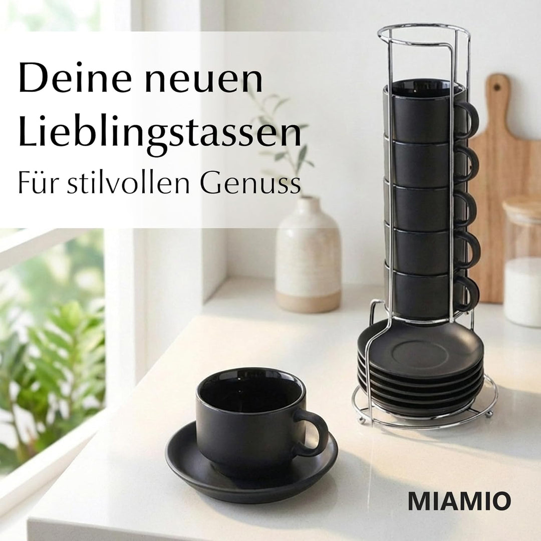 MIAMIO - 6 x 75 ml Espressotassen Set/Espresso Tassen Set mit Untertasse & Ständer - Kaffeetassen Se