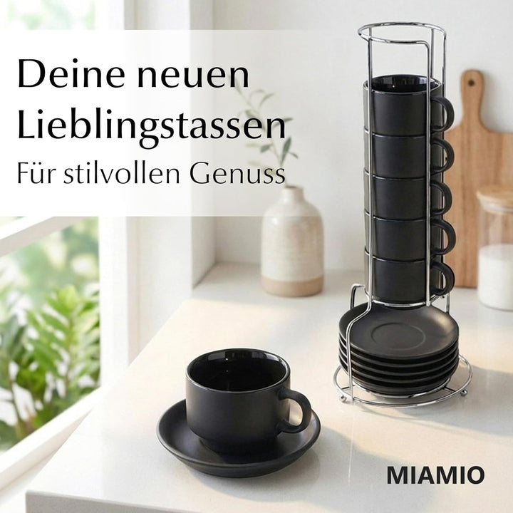 MIAMIO - 6 x 75 ml Espressotassen Set/Espresso Tassen Set mit Untertasse & Ständer - Kaffeetassen Se