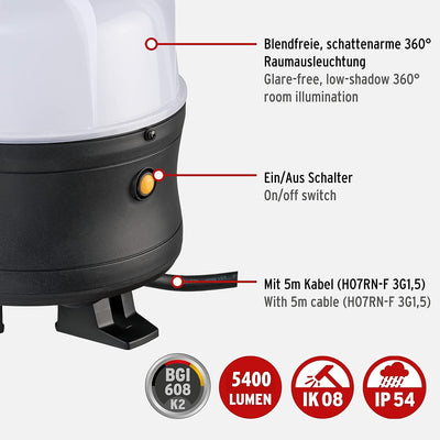 Brennenstuhl Mobiler 360° LED Strahler/Baustrahler 50W (Arbeitsleuchte, 5 m Kabel und spritzwasserge