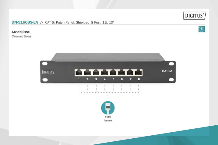 DIGITUS CAT 6A Patchpanel - 8 Ports - RJ45-Buchsen - 10-Zoll Rack-Mount 1HE - LSA Verteilerfeld - ge