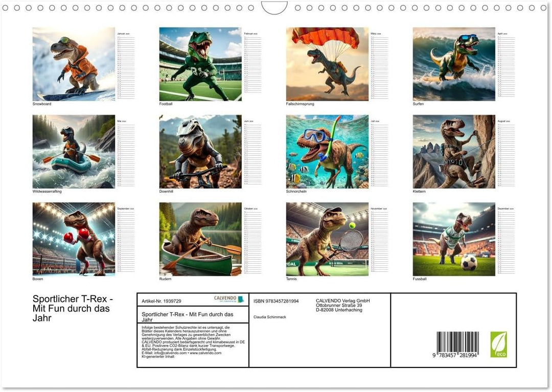Sportlicher T-Rex - Mit Fun durch das Jahr (Wandkalender 2026 DIN A3 quer), CALVENDO Monatskalender: