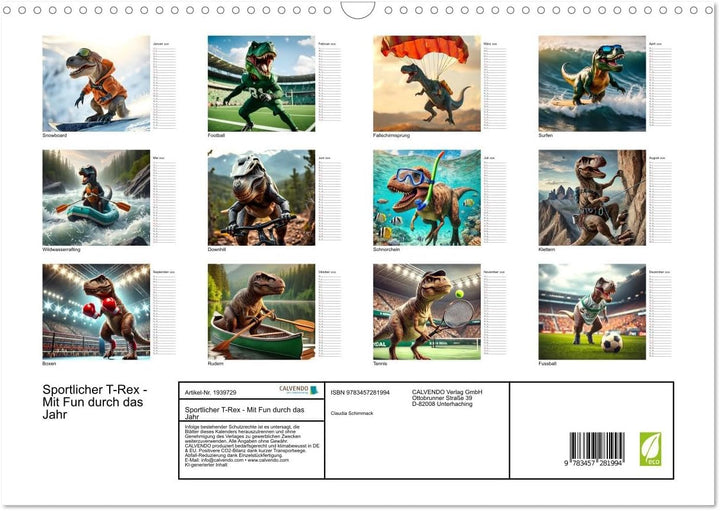 Sportlicher T-Rex - Mit Fun durch das Jahr (Wandkalender 2026 DIN A3 quer), CALVENDO Monatskalender: