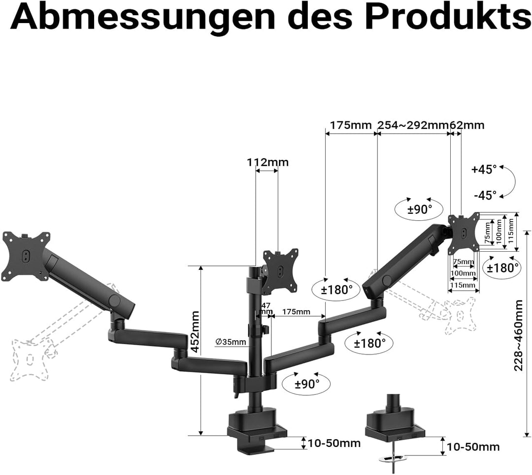 Wiltec Dreifach Monitorhalterung Schreibtisch mit 360° VESA-Platte, Bildschirmhalterung bis 9 kg pro